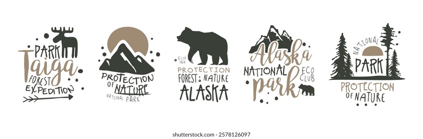 Taiga Forest National Park Eco Club Labels Vector Set