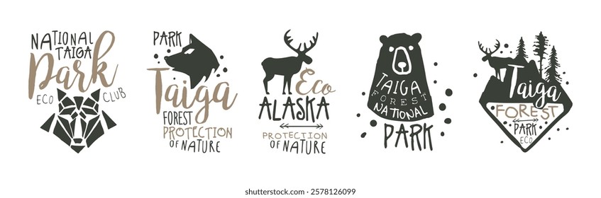 Taiga Forest National Park Eco Club Labels Vector Set