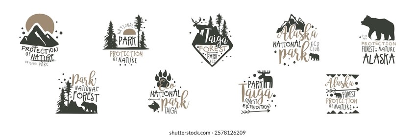 Taiga Forest National Park Eco Club Labels Vector Set