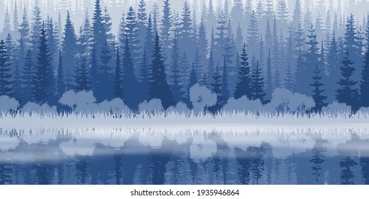 Taiga lake with dense forest and beautiful reflection, morning light