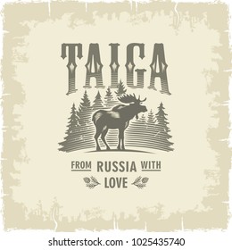 Taiga, Moose horned on the background of fir trees, Russia, love, vintage, Sepia, illustration, vector