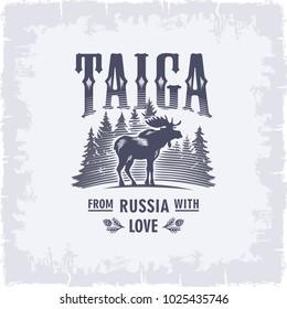 Taiga, Moose horned on the background of fir trees in blue, Russia, love, vintage, illustration, vector