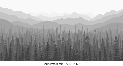 Taiga and mountains in the morning mist, black and white landscape