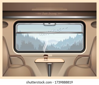 Taiga And Mountains Outside The Train Window. A Glass Of Coffee On A Table In A Train Car. Train Journey. Vector Illustration