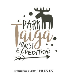 Taiga park forest expedition design template, hand drawn vector Illustration