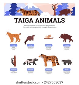 Taiga wild animals educational poster with titles. Cartoon Northern animals and bird lynx, otter, woodpecker, wolverine. Wild boar, badger, amur tiger, chipmunk vector illustrations set