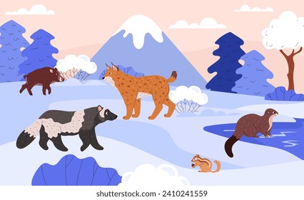 Animales salvajes de Taiga en el paisaje natural invernal con ilustración de la montaña, bosque y vectores fluviales. Caricatura Animales del norte lince, otter, wolverine, jabalí, chipmunk en el bosque nevado