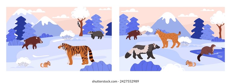 Taiga wild animals on winter nature landscape with mountain and river vector illustrations set. Cartoon Northern animals lynx, otter, woodpecker, wolverine, wild boar, badger, amur tiger, chipmunk