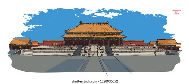 TAIHE DIAN (Hall of Supreme Harmony), FORBIDDEN CITY, BEIJING, CHINA: Panoramic view. Hand drawn sketch on paper. Poster, post card