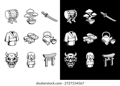 Tambor taiko, árvore bonsai, espada katana, kimono, sandálias geta, jogo de chá, máscara oni, conjunto de ícone de portão torii. Japão tradicional, ícones de patrimônio asiático, pacote de elementos de referência japonês. Ilustração cultural japonesa.