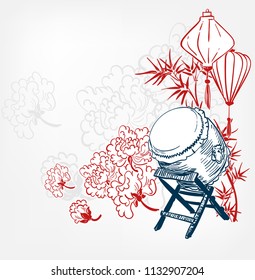 taiko drum japanese vector sketch illustration engraved chinese musical instrument design card