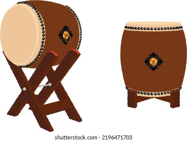 A taiko drum is a type of percussion instrument in which a thin membrane is stretched over a hollow frame (body) and beaten with one's hands or a drumstick to produce sound.