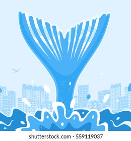 Tail of Big Fish in the City Vector Illustration