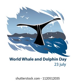 The tail of a diving whale and the handwritten inscription Love sea. Vector illustration.