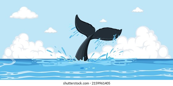 Una cola de ballena jorobada encima de la ilustración del agua