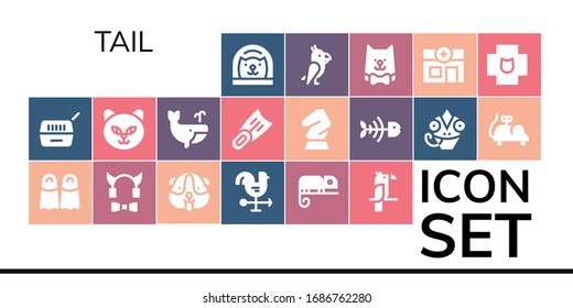 tail icon set. 19 filled tail icons.  Simple modern icons such as: Cat, Pet, Fins, Devil, Hamster, Cock, Chameleon, Parrot, Whale, Horse, Fish bone, Mouse toy, Veterinary