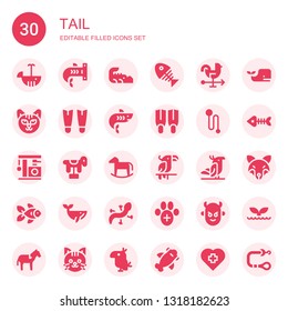 tail icon set. Collection of 30 filled tail icons included Whale, Shark, Crocodile, Fish bone, Rooster, Cat, Fins, Leash, Horse, Parrot, Goldfish, Lizard, Veterinary, Devil, Fish bones