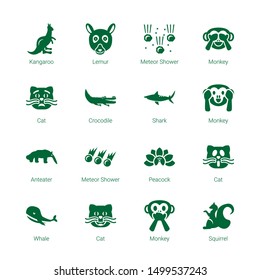 tail icons. Editable 16 tail icons. Included icons such as Kangaroo, Lemur, Meteor shower, Monkey, Cat, Crocodile, Shark, Anteater, Peacock, Whale. tail trendy icons for web.