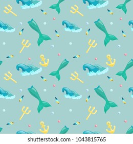 Tail Mermaid in blue background seamless pattern