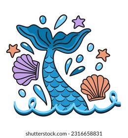 Tail of mermaid, waves, drops, seashells and sea stars. Underwater concept. Vector isolated illustration.
