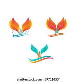 The tail of a mermaid in the waves. Vector logos set.