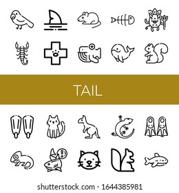 tail simple icons set. Contains such icons as Parrot, Scorpion, Shark, Veterinary, Rat, Whale, Fishbone, Devil, Squirrel, Fins, Chameleon, can be used for web, mobile and logo
