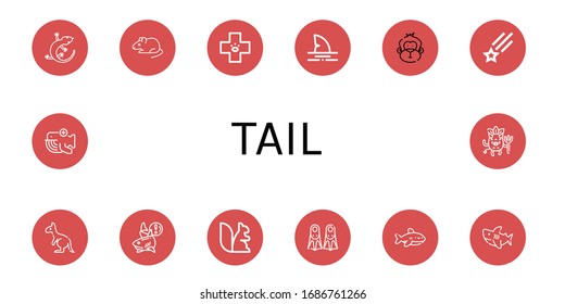 tail simple icons set. Contains such icons as Lizard, Rat, Veterinary, Shark, Monkey, Shooting star, Kangaroo, Squirrel, Fins, Whale, Devil, can be used for web, mobile and logo