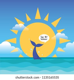Tail slap of whale say hi to summer in the ocean with afternoon sky vector background.