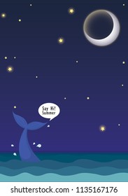 Tail slap of whale say hi to summer in the ocean with night sky vector background.