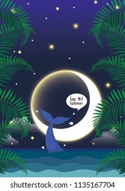 Tail slap of whale say hi to summer in the ocean with night sky and coconut leaves vector background.