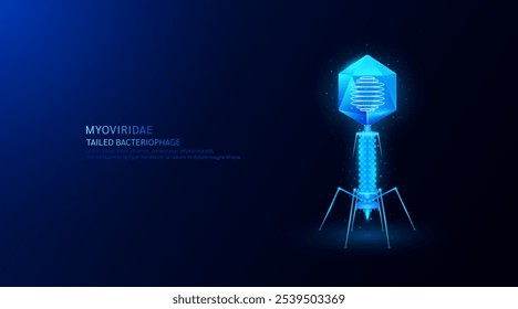 Bacteriófago de cola myoviridae. El virus afecta y destruye las células bacterianas dañinas internas del ser humano. Modelo de microbios brillantes sobre fondo azul. Investigación y análisis de ciencias médicas. Vector EPS10.