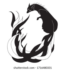 ืNine tailed fox japanese style tattoo design illustration with isolate background