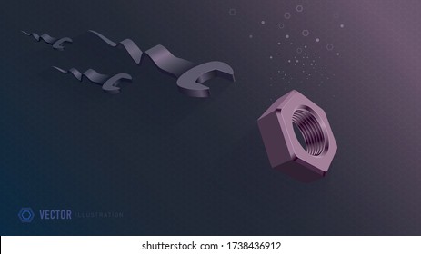 Tailed wrenches float to the pink screw-nut. Vector illustration.