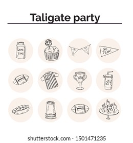 Tailgate party design elements hand drawn doodle set. Vector illustration. Isolated elements on white background. Symbol collection.