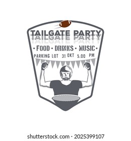 Tailgate party emblem monochrome badge with rugby player and grill