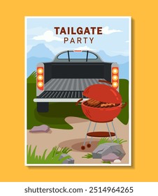 Cartaz do partido Tailgate. Carro preto perto do churrasco com carne e bacon. Férias e férias ao ar livre. Piquenique com churrasco, churrasco. Ilustração de vetor plano isolada no plano de fundo amarelo