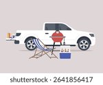 A tailgate party is set up with a grill, beverages, and cool seating gear in an inviting outdoor space, perfect for friends to enjoy some leisure and delicious food