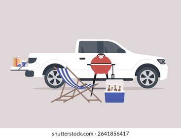 A tailgate party is set up with a grill, beverages, and cool seating gear in an inviting outdoor space, perfect for friends to enjoy some leisure and delicious food