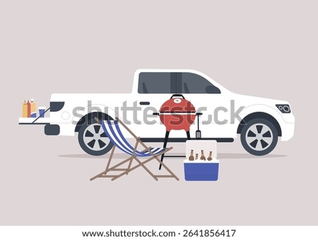 A tailgate party is set up with a grill, beverages, and cool seating gear in an inviting outdoor space, perfect for friends to enjoy some leisure and delicious food