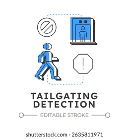 Ícone de conceito de contorno plano de alcatrão e piggybacking. Ameaça e risco à segurança física. Prevenção contra entrada não autorizada. Ilustração de linha moderna com glifos azuis. Visual conceitual. Fácil de editar