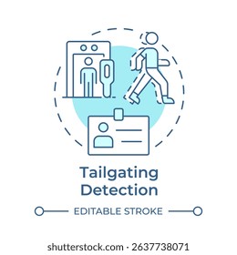 Tailgating and piggybacking soft blue concept icon. Physical security threat and risk. Unauthorized entry. Round shape line illustration. Abstract idea. Graphic design. Easy to use in booklet