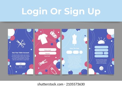 Tailor account log in or sign up application user interface set vector flat illustration. Collection homepage chat forum networking service for art creative sew elements. Dressmaker internet blog