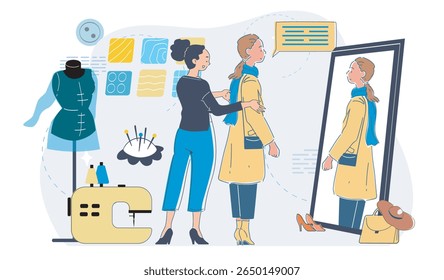 A tailor adjusts a woman's coat in front of a mirror in a fashion studio with tools, mannequin, and sewing machine, showing custom tailoring concept. Vector illustration