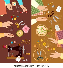 Tailor banner seamstress fashion designer needlework lessons team hands vector illustration 