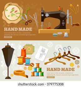 Tailor banners seamstress fashion designer needlework tailoring tools vector illustration 