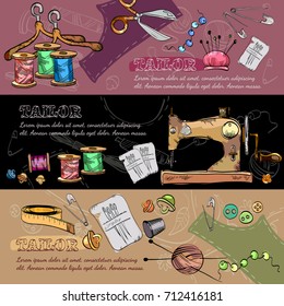 Tailor banners. Sewing machine hand drawn vector. Studio on tailoring tools seamstress fashion designer needlework 