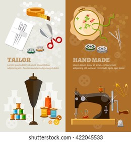 Tailor banners tailoring tools seamstress fashion designer needlework tailor made sewing machine tailored suit vector illustration 