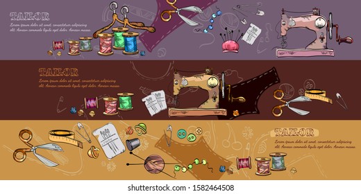 Tailor banners vector. Studio on tailoring tools, seamstress fashion designer needlework. Sewing machine, hand drawn vector 