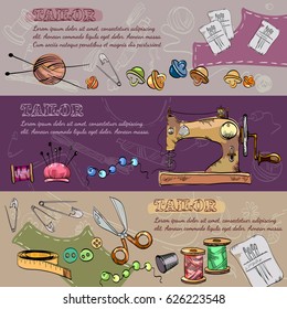 Tailor banners vector. Studio on tailoring tools seamstress fashion designer needlework sewing machine 