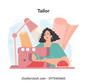 Tailor concept. Fashion designer sewing or fitting clothes. Dressmaker working on power sewing machine and taking measurements. Vector flat illustration